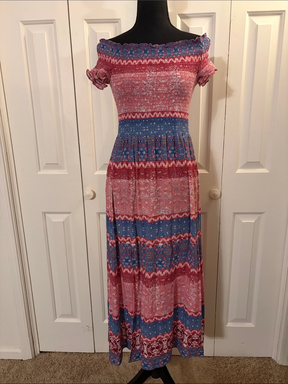 Pink Rose Pink Blue Red Smocked Off-Shoulder Midi Dress